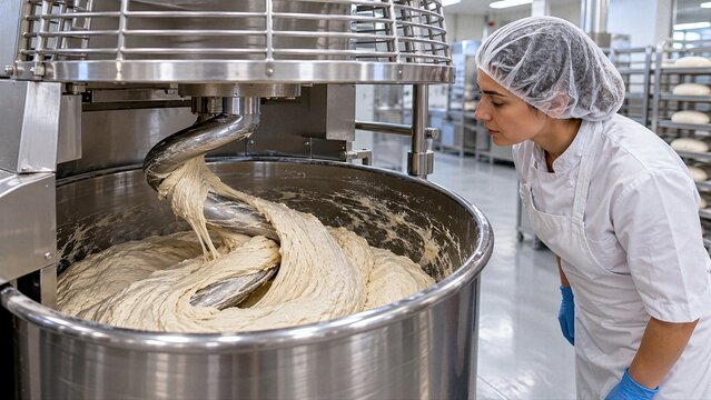 Industrial mixer kneads hydrated dough while worker monitors texture, highlighting sourdough preparation, batch consistency and professional bakery workflow.