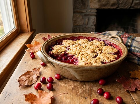 Homemade apple crumble dessert served on rustic wooden table for.new england cuisine