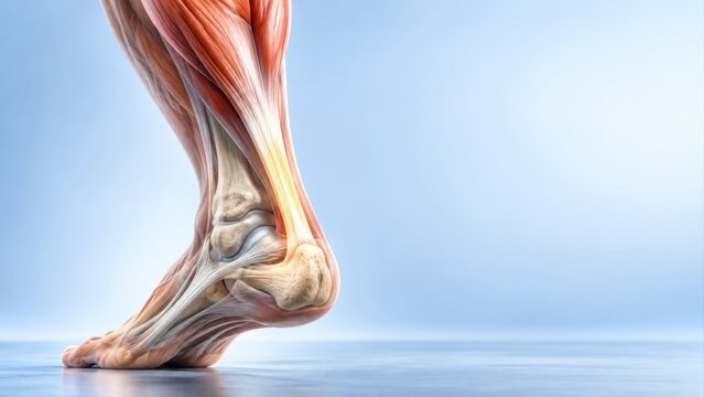 Achilles tendon loading shown in premium clinical CGI with taut force transfer from calf to heel during push-off on a clean sports medicine background.