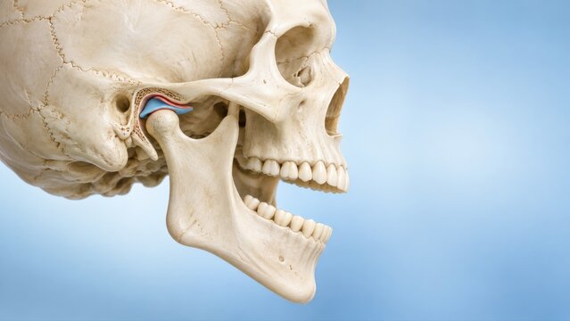 TMJ temporomandibular joint dysfunction shown in premium clinical CGI with abnormal condyle-disc mechanics during jaw opening clean maxillofacial biomechanics background.
