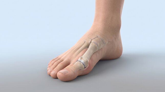 Hallux valgus mechanics shown in premium clinical CGI with great toe deviation and altered forefoot alignment during weight bearing on a clean podiatry biomechanics background.