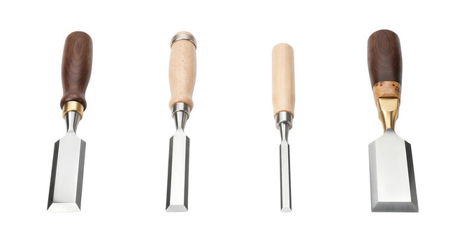 Set of four different steel wood chisels with wooden handles isolated on white background carpentry tools white background