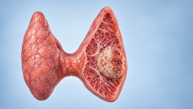 Thyroid nodule shown in a clean sectioned gland specimen with a well-defined focal lesion and realistic tissue contrast, refined medical laboratory background.