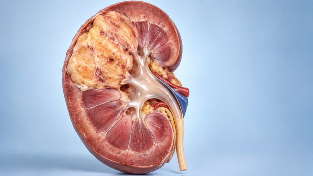 Renal cell carcinoma shown in a clean kidney pathology specimen with heterogeneous cortical tumor and realistic cut surface on refined medical laboratory background.