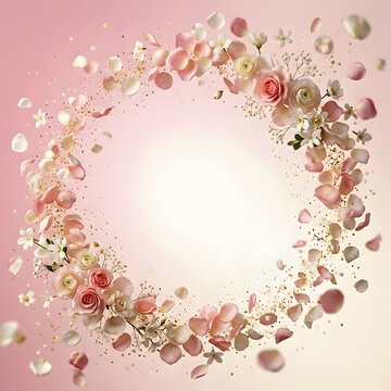 Beautiful floral wreath frame made of floating pink roses, white flowers, delicate petals, and shimmering gold glitter confetti over a soft pastel pink gradient background.