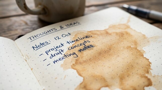 Coffee stained notebook with project ideas and meeting notes, close up