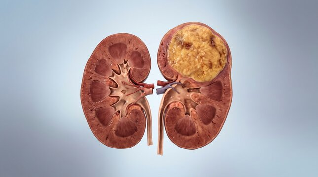 Renal cell carcinoma shown in a clean kidney pathology specimen with heterogeneous cortical tumor and realistic cut surface on a refined medical laboratory background.