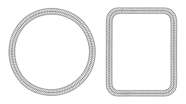 Hand Drawn Circle and Rectangle Braided Rope Frame Vector Set on Transparent Background 