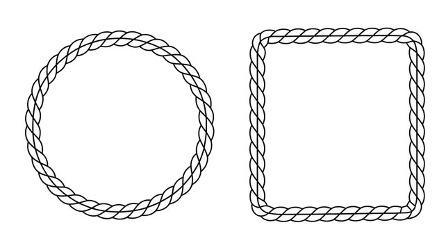 Hand Drawn Circle and Rectangle Braided Rope Frame Vector Set on Transparent Background 