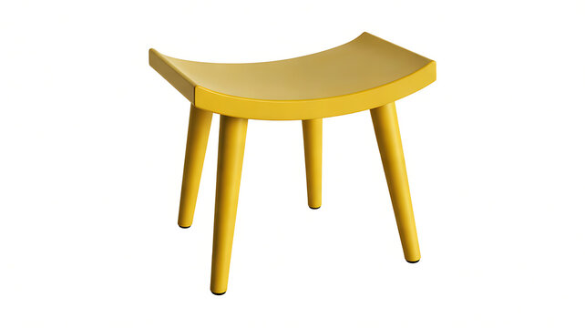 Modern yellow stool with curved seat and three tapered legs, isolated on transparent background