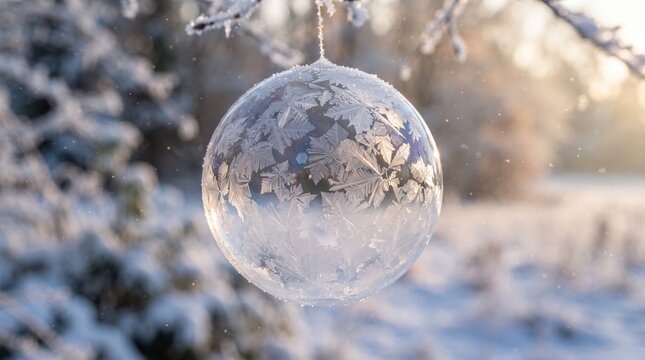 Frozen ice ornament hanging on tree branch in winter snowy forest