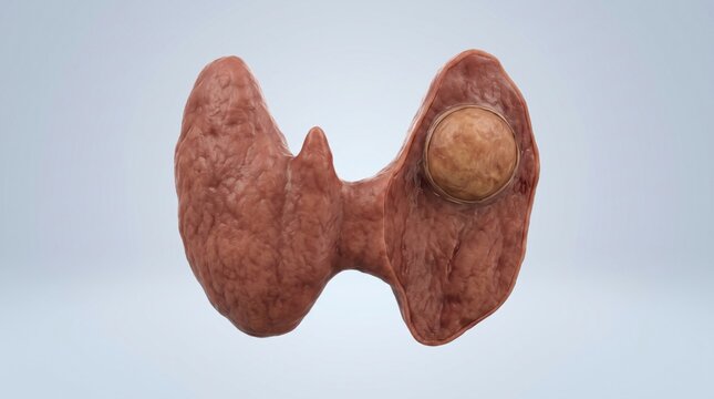 Thyroid nodule shown in a clean sectioned gland specimen with a well-defined focal lesion and realistic tissue contrast on a refined medical laboratory background.