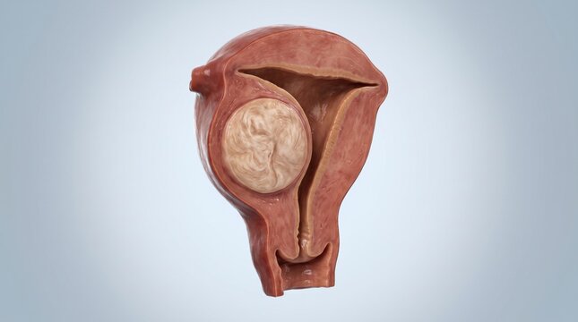 Uterine fibroid shown in a clean pathology specimen with a well-defined whorled leiomyoma inside the myometrium, refined medical laboratory background.