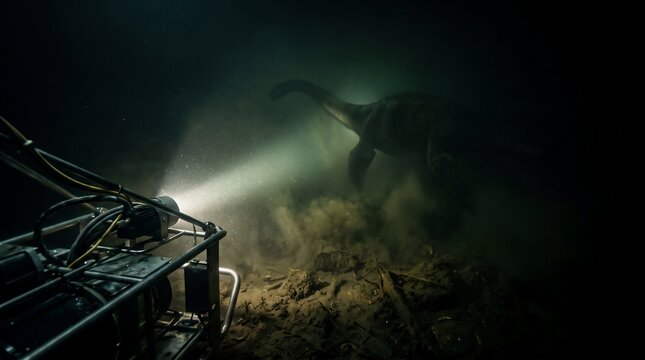 Underwater Exploration ROV Spotting Mysterious Sea Monster Plesiosaur in Dark Ocean Deep Sea Discovery Concept