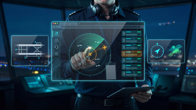 Air traffic controller working in airport control tower with radar tracking, flight schedule and runway layout UI
