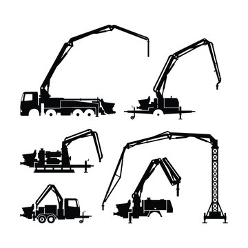 Set of construction concrete pump truck silhouettes with construction vehicle