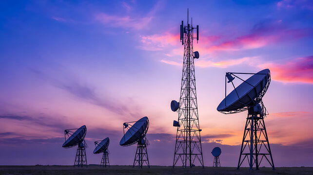 Telecommunication tower and satellite dishes global communication technology, broadcasting, and data transmission. antenna towers and satellite receivers used for internet, television, radio networks 