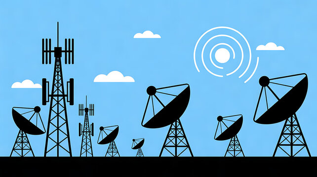 Telecommunication tower and satellite dishes global communication technology, broadcasting, and data transmission. antenna towers and satellite receivers used for internet, television, radio networks 