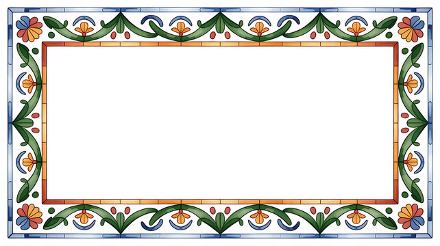 Watercolor Mediterranean Azulejo Ceramic Tile Frame Border, Elegant Green and Orange Sicilian Mosaic Decorative Frame Template Isolated on Transparent Background