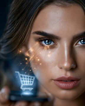 Shopping cart icon with faint, glowing filaments stretching invisibly from the eyes of a person in the background, suggesting an attraction to shop.