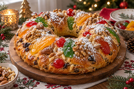 Bolo rei Portuguese king cake with candied fruit and nuts