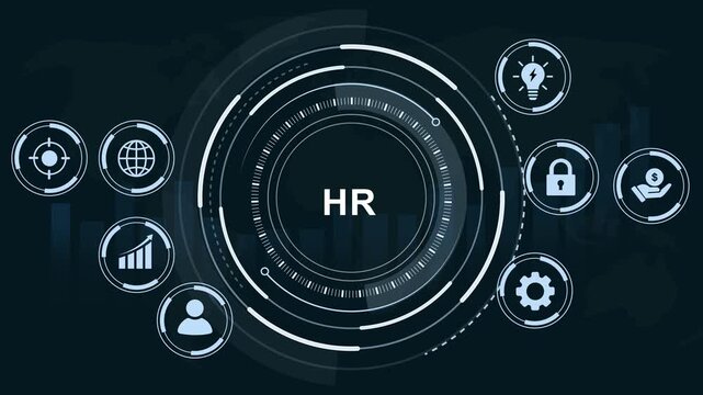 Dynamic human resources hr management digital interface featuring animated hud global business data analytics, recruitment strategy, corporate workflow, and personnel systems