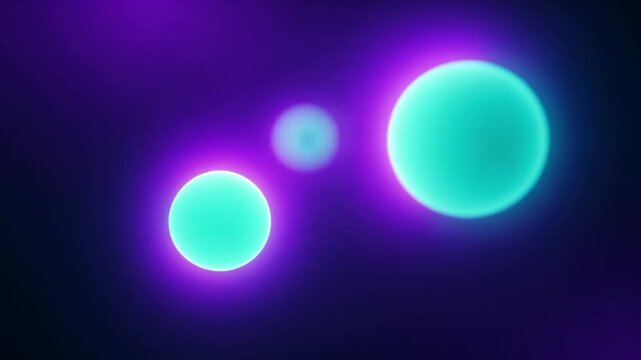 Glowing cyan and purple liquid cell spheres merging together in abstract motion video footage