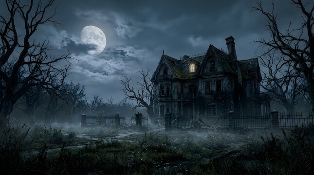 Halloween haunted house under a full moon at night with spooky fog and bare trees for scary background banner.