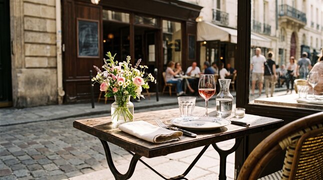 Parisian cafe table setting with rose wine and flowers on cobblestone street