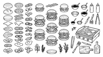 Fototapeta premium Burger ingredients and cooking utensils doodle set. Hand drawn fast food elements including buns, meat patties, cheese, vegetables, sauces, and grill equipment.