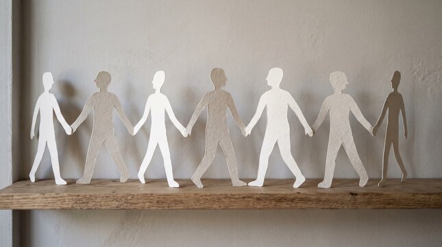 Paper chain people holding hands in a line on a wooden shelf representing unity and connection