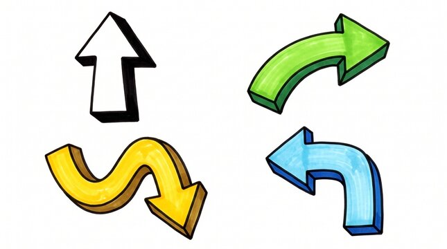 Four colorful cartoon arrows pointing in different directions isolated on a white background with hand drawn