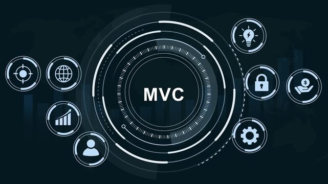 Dynamic mvc software architecture concept with animated hud interface, digital data flow, global network connectivity, cybersecurity and futuristic business analytics motion background loop