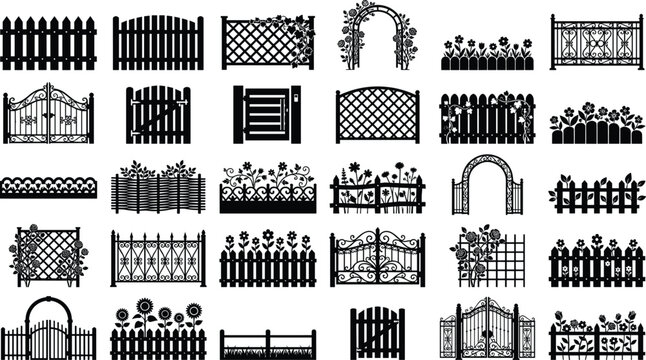 Garden fence icon set showing decorative metal wood picket gates and landscaping dividers