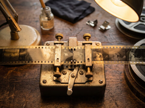 Antique film splicer editing tool sitting on wooden workshop workbench