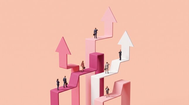 Business people standing on different colored arrows pointing upwards on a solid pastel pink background