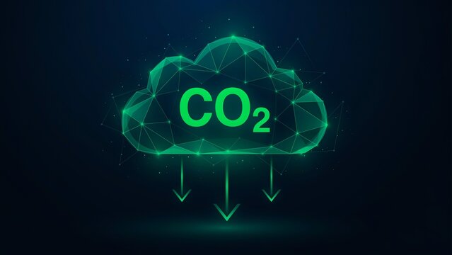 Carbon dioxide reduction concept with glowing green digital wireframe cloud and CO2 text, carbon footprint offset