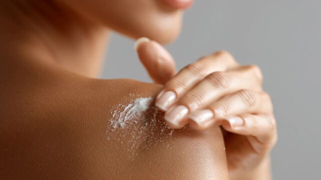 Close up caucasian woman shoulder applying shimmering moisturizer with gentle hand motions, soft studio lighting, neutral gray background, manicured nails,
