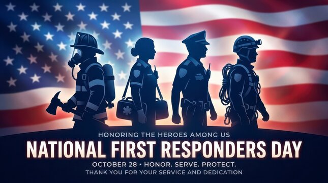 First responders walking under American flag for National Day