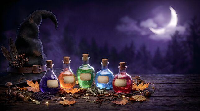 Halloween witch potions and magic hat on a table under a crescent moon, perfect spooky banner background.