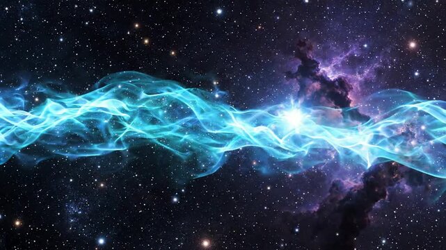 Cosmic energy wave flowing through deep space nebula background, with glowing stars, and abstract plasma stream