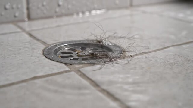 Water pooling around hair clumping and clogging a tiled shower floor drain