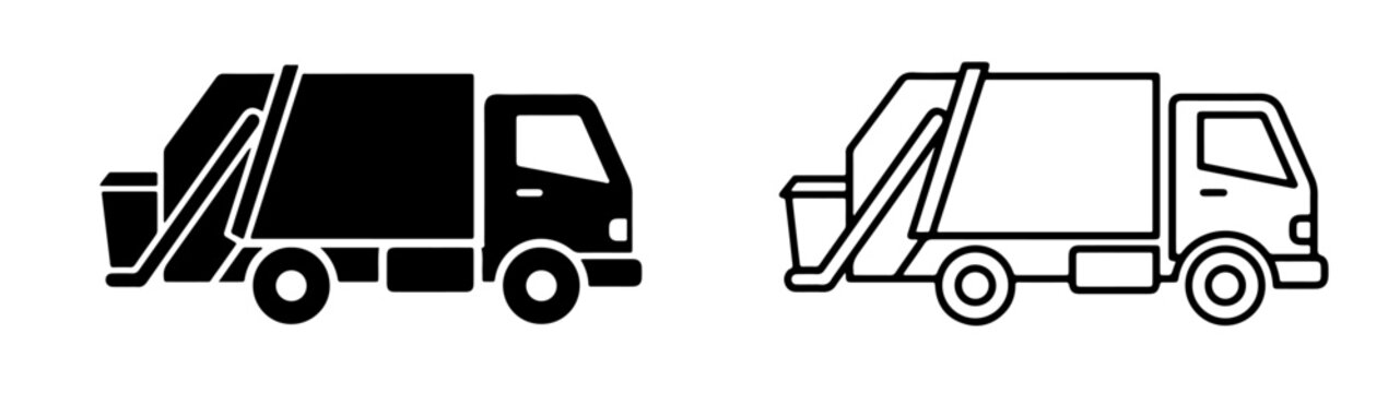 Black and white garbage truck icons for waste management and recycling Vector