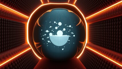 Fototapeta premium Futuristic tunnel glows with orange neon. Center displays blue sphere, white particles, halfmoon shape. Dark background creates depth.