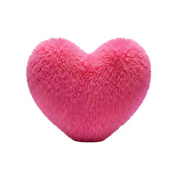A pink heart shaped pillow with a fuzzy texture