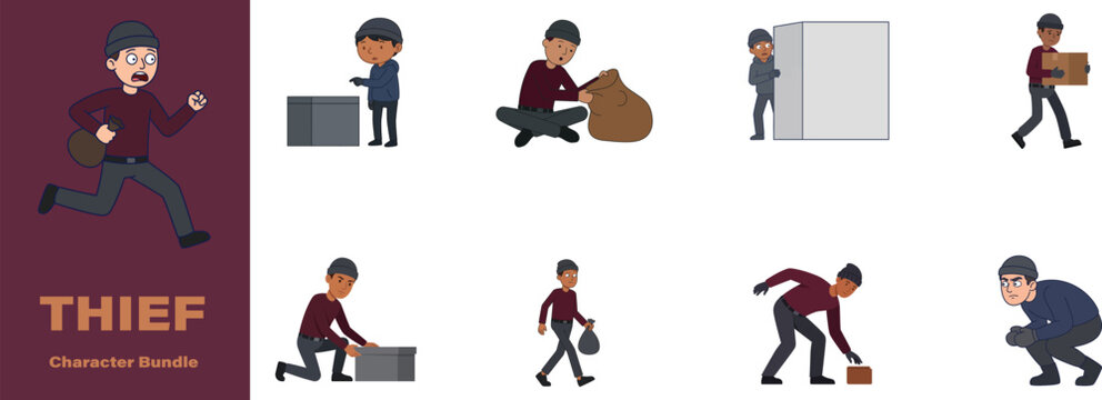 Cartoon thief character bundle depicts various poses and actions in a flat vector style burglar criminal felon sneak robber pilferer bandit illicit stealing pilfering larceny