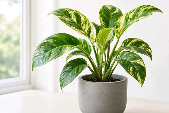 A variegated green houseplant with glossy cream-patterned leaves growing in a simple beige pot, isolated against a clean light background