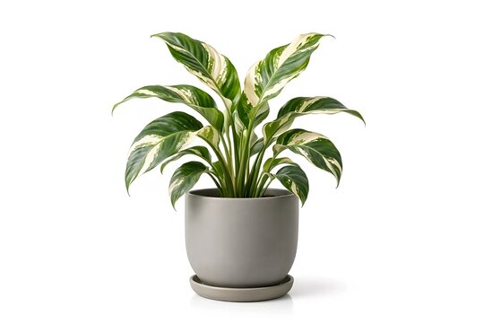 A variegated green houseplant with glossy cream-patterned leaves growing in a simple beige pot, isolated against a clean light background
