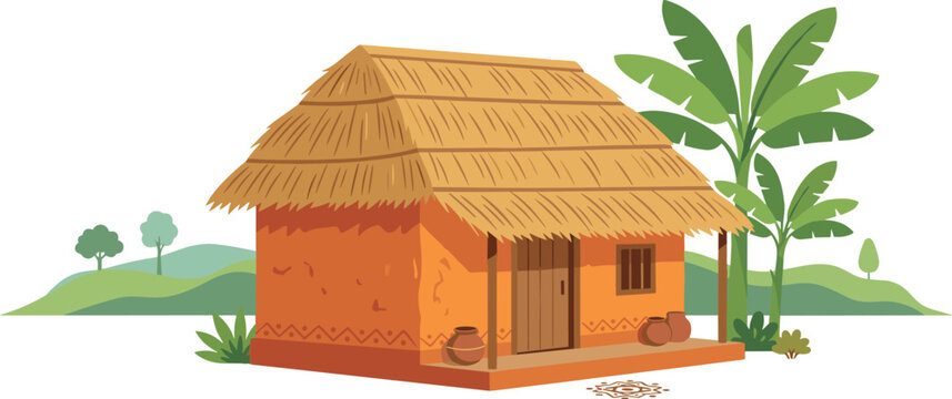 Traditional Indian village mud hut vector illustration with thatched roof clay pots green banana trees and hills landscape