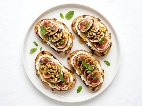 Delicious fig and cream cheese toast on white plate